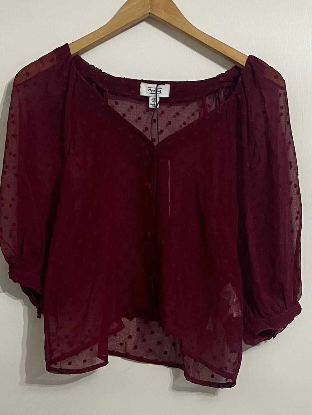 Myra Bag Burgundy Sheer Dot-Textured Button Blouse